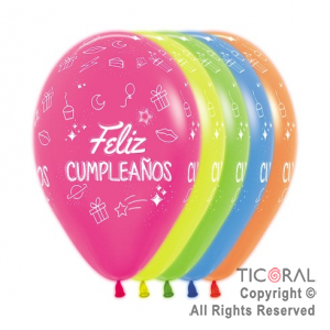 GLOBO S R12 INF NEON FELIZ CUMPLEAOS FIESTA TINTA BLANCA x 50